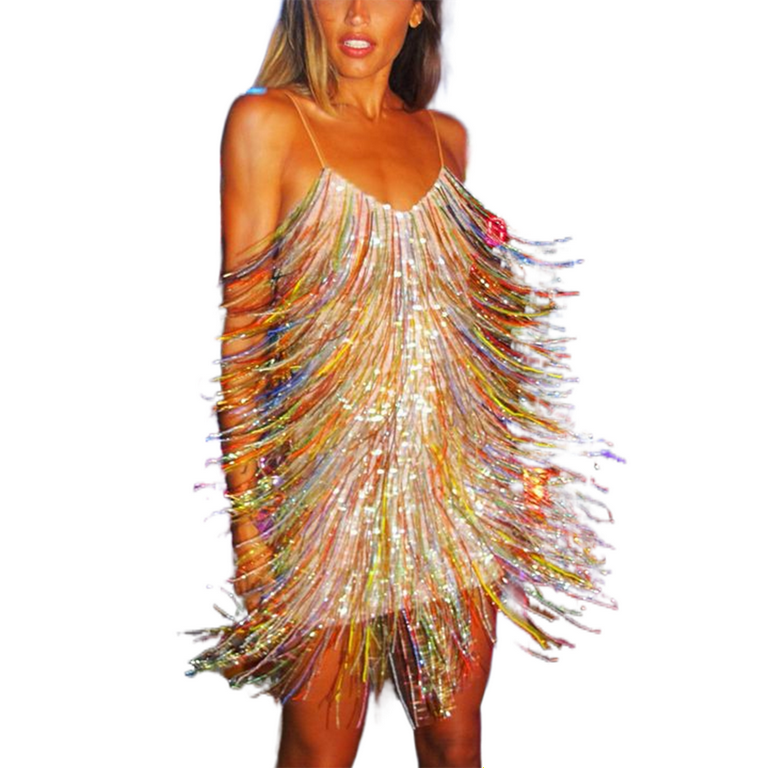 Women Sequin Fringe Tassel Bodycon Dress Spaghetti Strap Glitter Fringe  Dress Party Cocktail Backless Mini Dresses