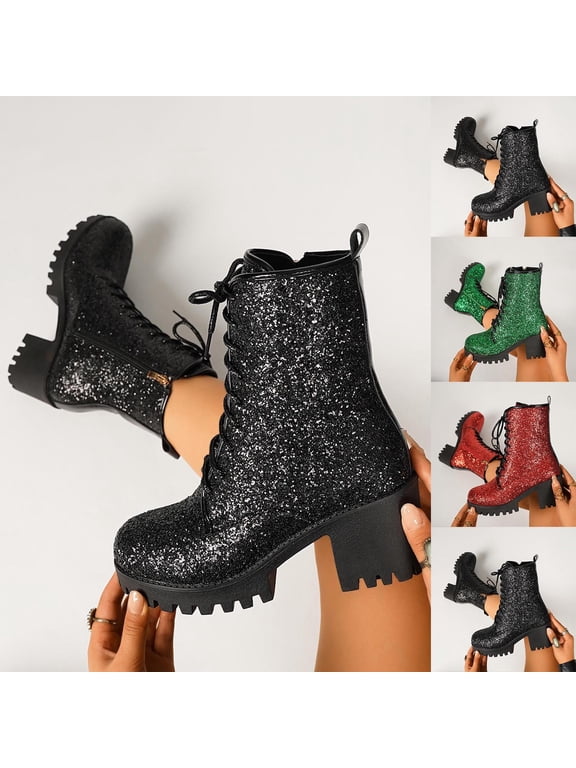 Women Sparkly Glitter Combat Boots, Lace Up Front Chunky Platform Heel Ankle Boots, Side Zipper Glitter Boots