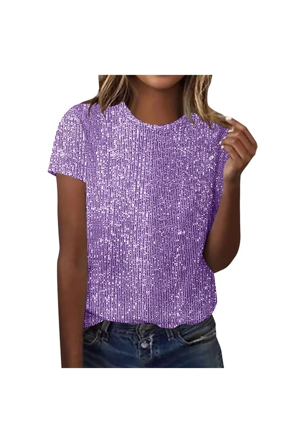 Women Sparkly Graphic Print Tops Party Night Crewneck Short Sleeve Sequin Tops Crewneck Tshirt Basic Casual Blouse Dressy Sparkly Velvet Blouse Club Party Shirts