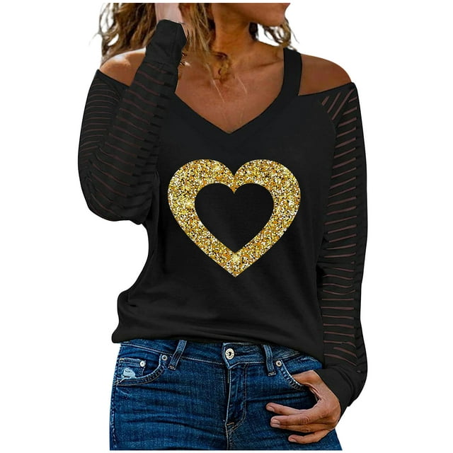 Women Sparkly Heart Shirts Fashion Sweetheart Collar Cold Shoulder Stripe Long Sleeves T-Shirt Pullover Tunic Tops