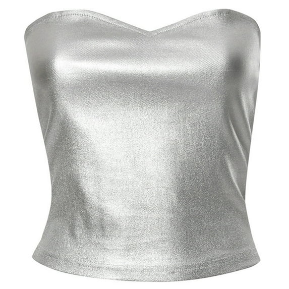 Women Fashion Strapless Sparkly Metallic Crop Tube Top Nightclub Backless Sweetheart Neck Bustiers Bandeau Vests