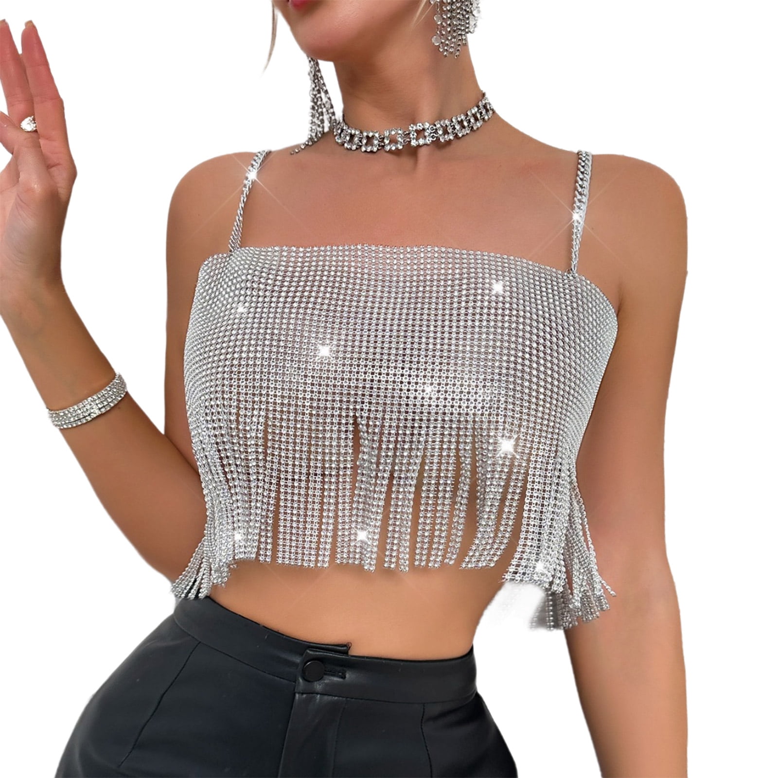 Backless Rhinestone Women Sparkly Rhinestones Tassels Mesh Crop Top Backless Metal Chain ...