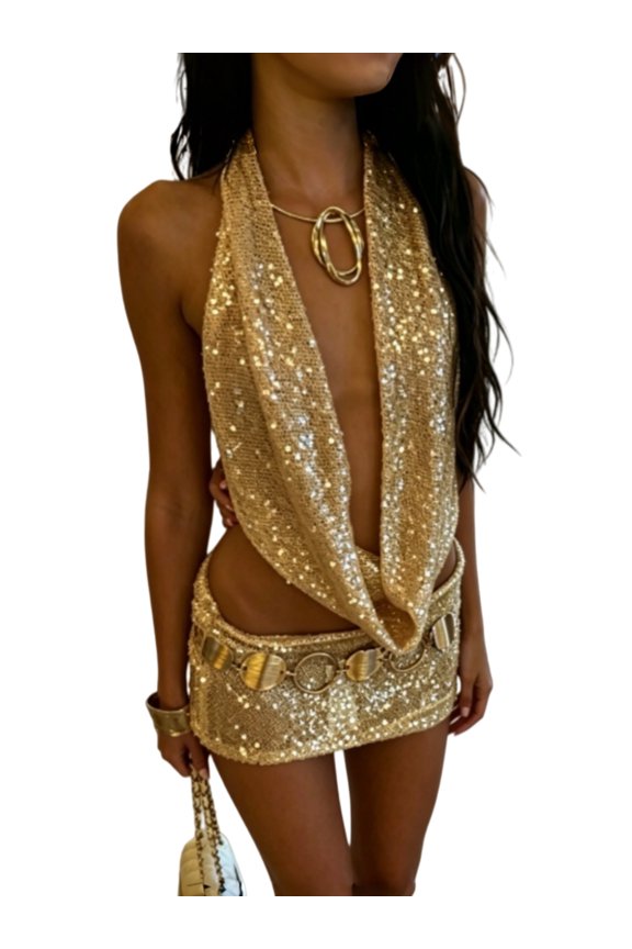 Women Sparkly Sequin 2 Piece Outfit Halter Backless Crop Top Low Rise Bodycon Mini Skirt Club Party