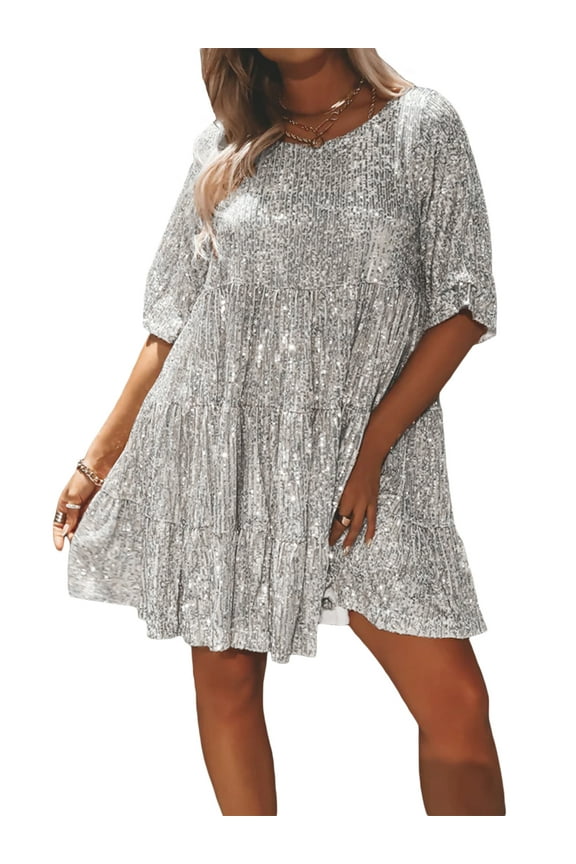 Women Sparkly Sequin Baby Doll Dress Short Sleeve Flowy Glitter Shinny Tunic Mini Dresses Party Concert Clubwear Dress