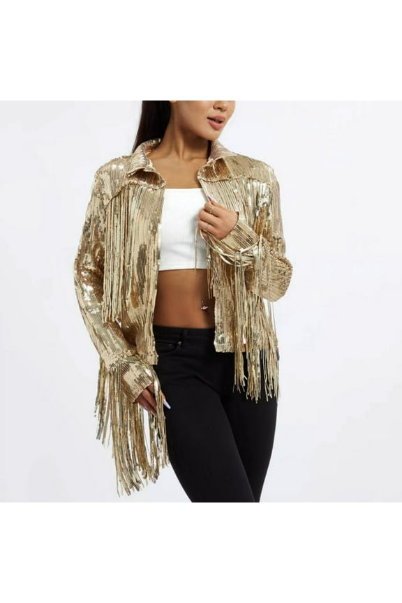 Women Sparkly Sequin Jacket Shiny Glitter Tassel Fringe Hem Disco Jacket Sequin Fringe Jacket Coat 90s Streetwear Womens Casual Jackets Zip up Womens Olive Jean Jacket Womens Puffy Vest