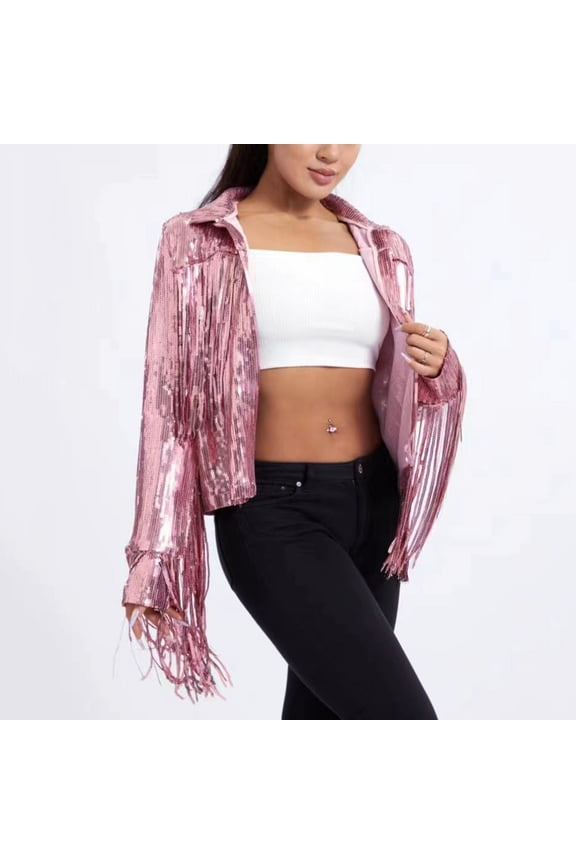 Women Sparkly Sequin Jacket Shiny Glitter Tassel Fringe Hem Disco Jacket Sequin Fringe Jacket Coat 90s Streetwear Womens Hooded Jacket Hooded Women Cropped Jacket Women Juniors Jacket Woman Flannel