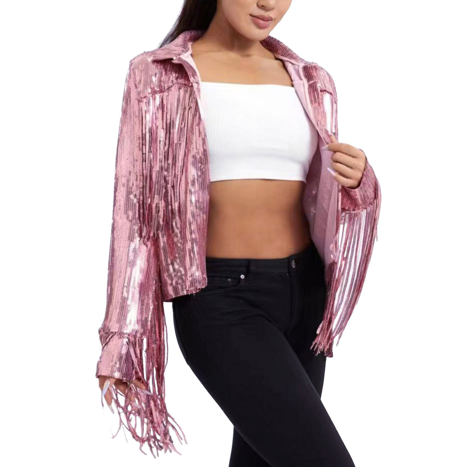 Women Sparkly Sequin Jacket Shiny Glitter Tassel Fringe Hem Disco Jacket Sequin Fringe Jacket Coat 90s Streetwear Walmart Business Supplies