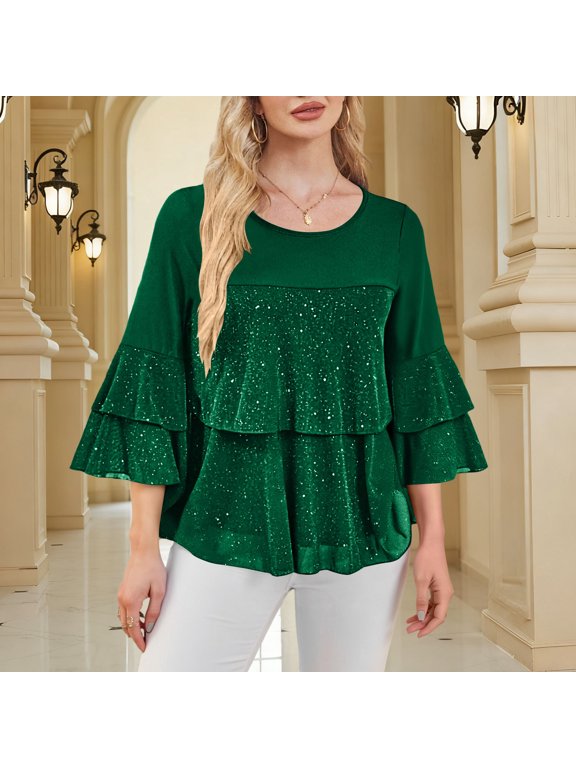 Women Sparkly Sequin Layered Ruffle Tunic Top Round Neck 3/4 Double Flounce Sleeve Chiffon Blouse Green XXL