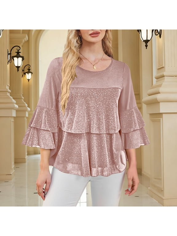 Women Sparkly Sequin Layered Ruffle Tunic Top Round Neck 3/4 Double Flounce Sleeve Chiffon Blouse Pink M