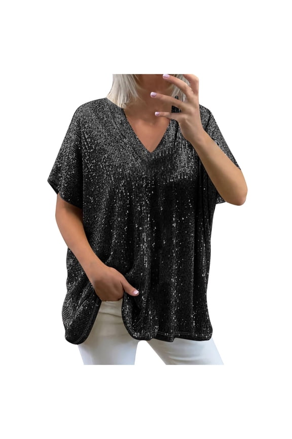 Women Sparkly Sequin Tops Blingbling V-Neck Short Sleeve Shirts Dressy Loose Spring Summer Tees Evening Party