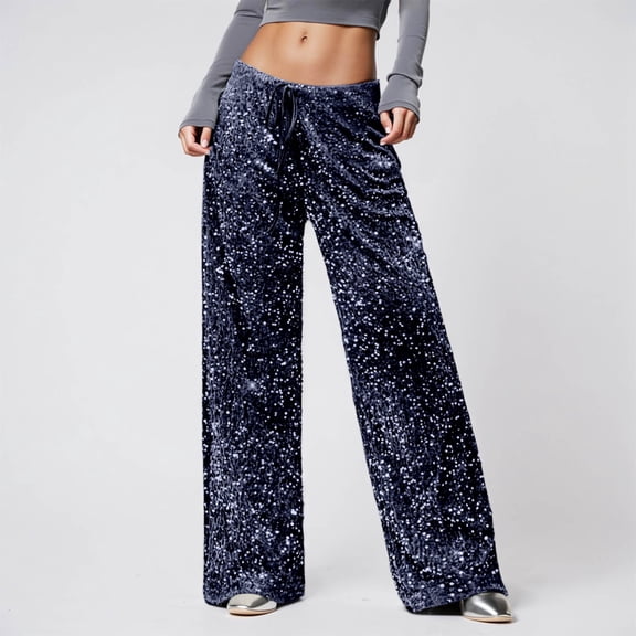 Women Sparkly Sequin Wide Leg Pants Shiny Elastic Drawstring Palazzo Pant Color Navy Size L