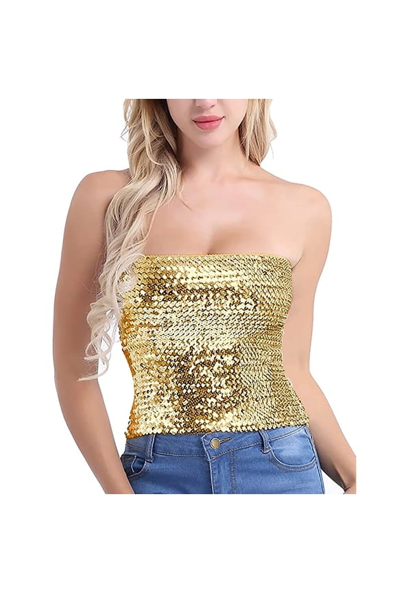 Women Sparkly Sequins Crop Tube Top Strapless Off Shoulder Metallic Wrap Chest Stretchy Bandeau Party Clubwear