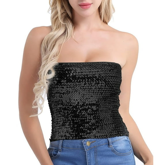 Women Sparkly Sequins Crop Tube Top Strapless Off Shoulder Metallic Wrap Chest Stretchy Bandeau Party Clubwear