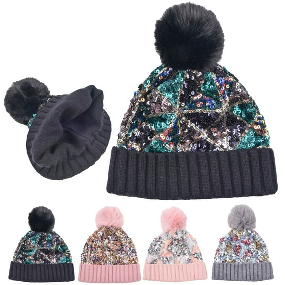 Women Sparkly Sequins Knitted Beanie Hat Warm Winter Skull Cap with Faux Fur Pom Pom