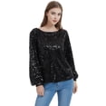 thumbnail image 1 of Women Sparkly Shimmer Glitter Pullover Sweatshirt Long Sleeve Sequin Top With Belt, Black, Large, 1 of 5