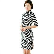 Women Special 1/2 Long Sleeve Modern Mandarin Chinese Cheongsam Qipao Sheath Short Dress (Black/white waves prints)