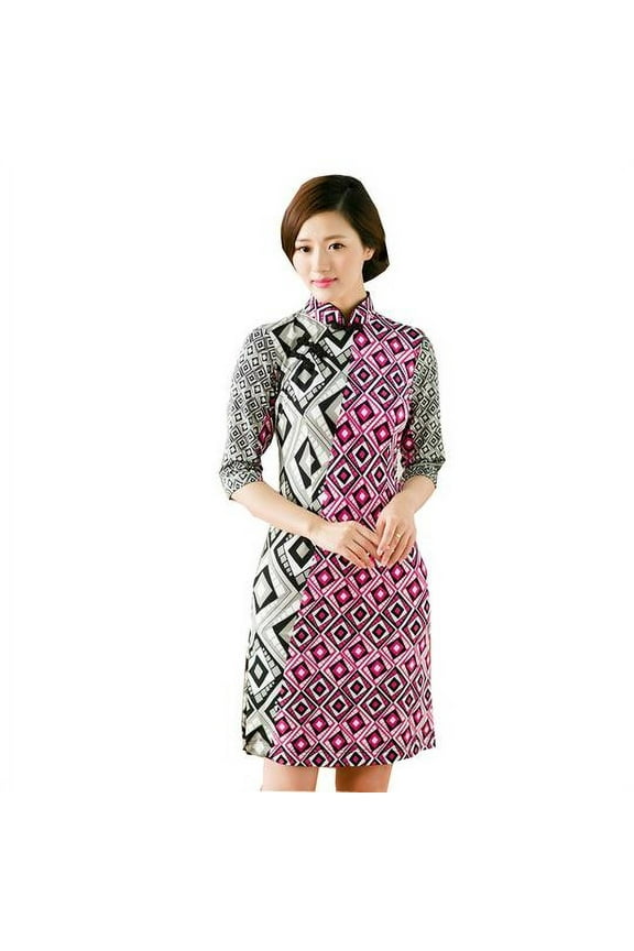 Women Special 1/2 Long Sleeve Modern Mandarin Chinese Cheongsam Qipao Sheath Short Dress( Pink asymmetric prints )