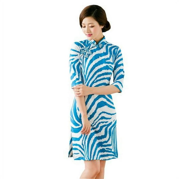 Women Special 1/2 Long Sleeve Modern Mandarin Chinese Cheongsam Qipao Sheath Short Dress&nbsp;(Skyblue )