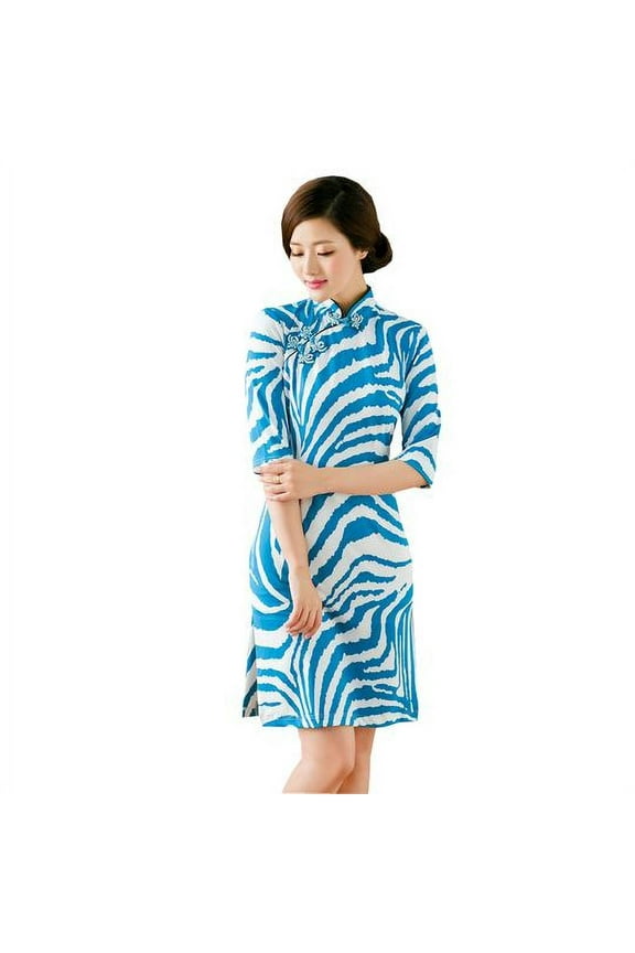 Women Special 1/2 Long Sleeve Modern Mandarin Chinese Cheongsam Qipao Sheath Short Dress&nbsp;(Skyblue )