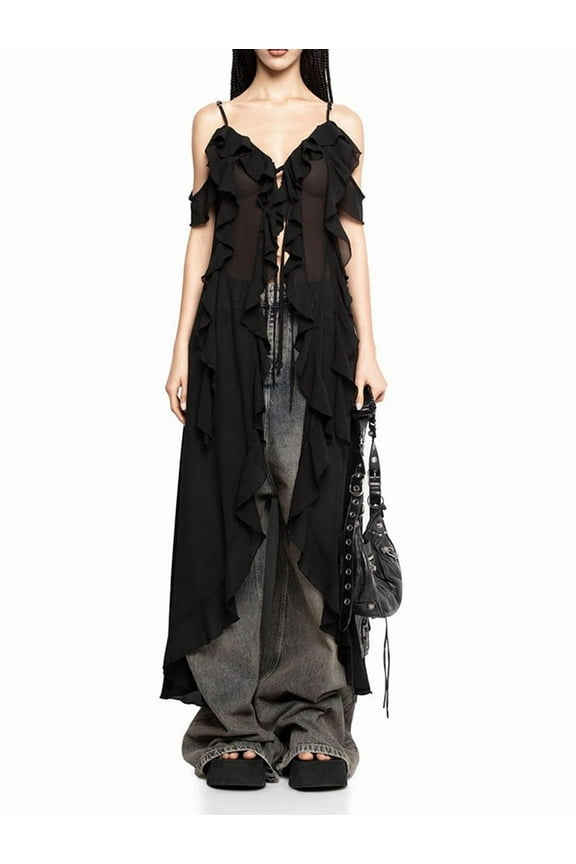 Women Split Front Ruffle Flowy Long Shirt Sleeveless Backless Spaghetti Strap Layer Chiffon Maxi Tank Top Black L