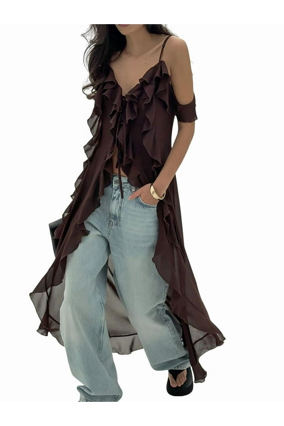 Women Split Front Ruffle Flowy Long Shirt Sleeveless Backless Spaghetti Strap Layer Chiffon Maxi Tank Top Coffee Color S