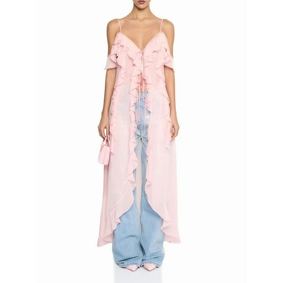 Women Split Front Ruffle Flowy Long Shirt Sleeveless Backless Spaghetti Strap Layer Chiffon Maxi Tank Top Pink L