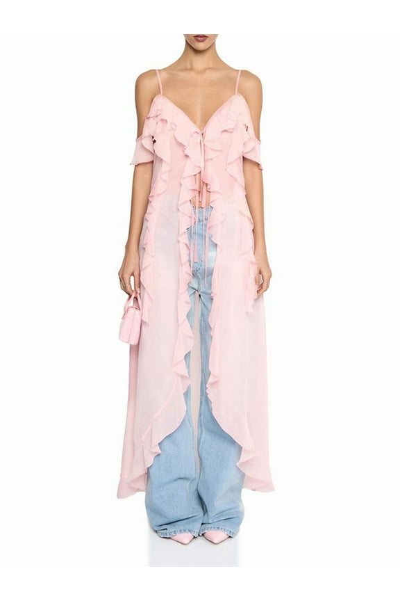 Women Split Front Ruffle Flowy Long Shirt Sleeveless Backless Spaghetti Strap Layer Chiffon Maxi Tank Top Pink M