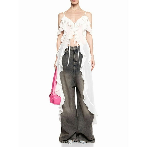 Women Split Front Ruffle Flowy Long Shirt Sleeveless Backless Spaghetti Strap Layer Chiffon Maxi Tank Top White L
