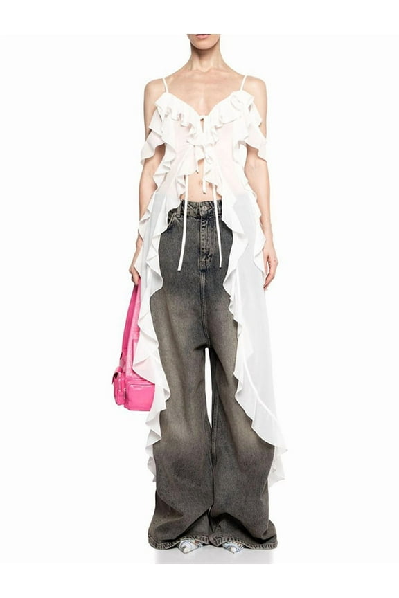 Women Split Front Ruffle Flowy Long Shirt Sleeveless Backless Spaghetti Strap Layer Chiffon Maxi Tank Top White L
