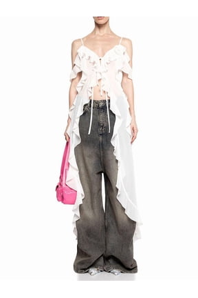 Women Split Front Ruffle Flowy Long Shirt Sleeveless Backless Spaghetti Strap Layer Chiffon Maxi Tank Top White M