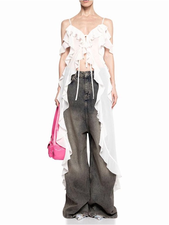Women Split Front Ruffle Flowy Long Shirt Sleeveless Backless Spaghetti Strap Layer Chiffon Maxi Tank Top White M