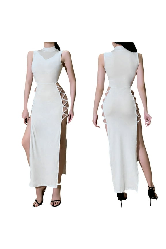 Women Split Maxi Dress Sleeveless Hollow Out Crisscross Bodycon Dress High Neck Cocktail Long Dress