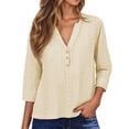 thumbnail image 1 of Women Split Neck Tops Solid 3/4 Sleeve Summer Casual Breathable Tee Light Yellow XXL, 1 of 5