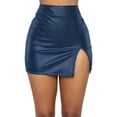 thumbnail image 1 of Women Split Skirt Solid Leather Pencil Skirts Stretchy High Waist A Line Skirt Slim Metallic Mini Skirts Navy US L, 1 of 5