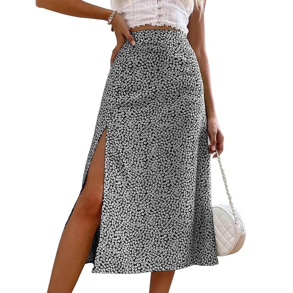 Women Split Thigh Skirt Soft Casual Fashionable Elegant Floral Print Skirt for Dating Shopping Black M