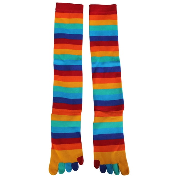 Women Split Toe 5 Finger Calf Socks Rainbow Colorful Stripe Print Hosiery