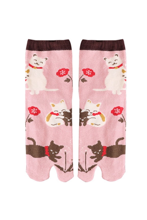 Women Split Toe Kimono Tabi Crew Socks Cute for Cat Floral Print Flip Flop Hosie