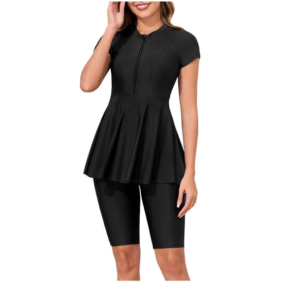 Women Split Two-Piece Swimsuit Breathable Short Sleeve Solid Color Swim with Boyshorts Modest Bathing Suit,Half Sleeve Modest Swimsuits for Women