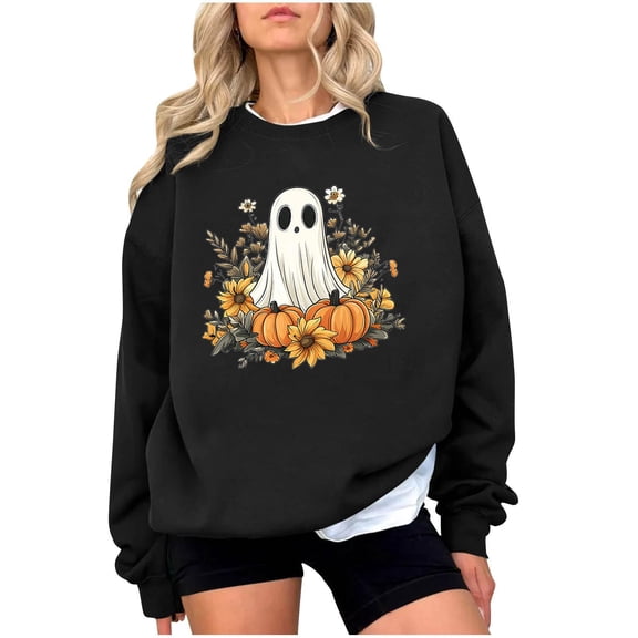 Women Spooky Ghost Graphic Sweatshirt Halloween Fall Pullover Top Funny Pumpkin Long Sleeve Crewneck