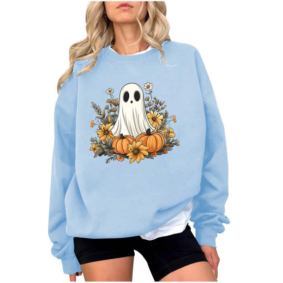 Women Spooky Ghost Graphic Sweatshirt Halloween Fall Pullover Top Funny Pumpkin Long Sleeve Crewneck