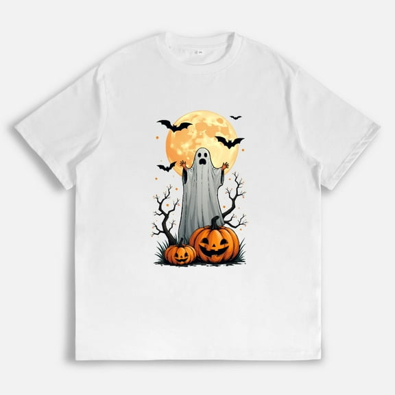 Women Spooky Halloween Tee Ghost Pumpkin Moon Design T Shirt Vintage Graphic Tees Soft Trendy Tops Fit Black S-5XL