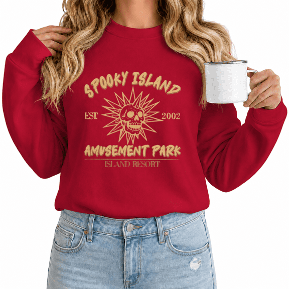 Women Spooky Island Skull Graphic Sweatshirt Vintage Crewneck Pullover Retro Halloween Amusement Park Style