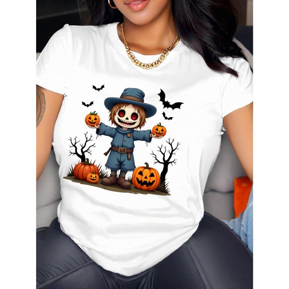 Women Spooky Scarecrow Pumpkin Graphic Tee Women s Halloween Design Breathable Comfort Trendy T-Shirt White S-5XL