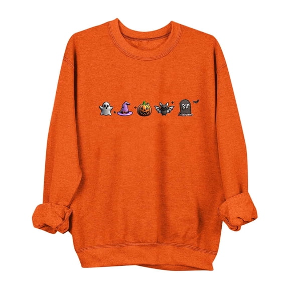 Women Spooky Season Sweatshirt Embroidered Solid Color Halloween Pullover Casual Long Sleeve Fall Holiday Top