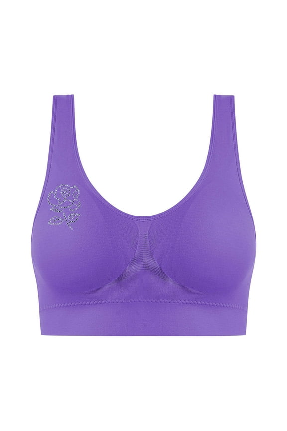 Women Sport Bras Plus Size Fashion Rose Hot Drill Print Push Up Stretchy Comfy T-Shirt Bra Comfy Everyday Bralette Purple 3X-Large