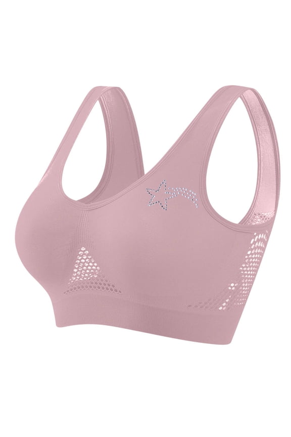 Women Sport Bras Plus Size Hot Drill Heart Print Hollow Breathable Comfy Everyday Bralettes Corset Sleep Underwear Pink Large