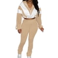 thumbnail image 1 of Women Sports 2 Piece Set Front Zip Lapel Color Block Cropped Jackets High Waist Pants Casual Stylish Sweatsuits (L, Beige), 1 of 7