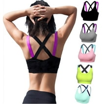 Women Sports Bra Cross Back Fitness Activewear Nylon Medium Support for Workout 5 Pack, Large