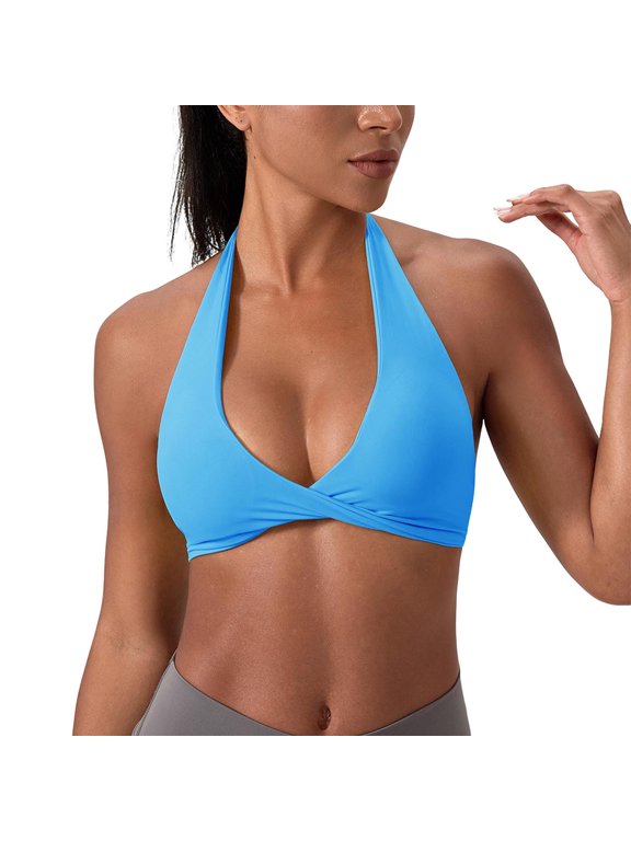 Women Sports Bra Seamless Halter Padded Yoga Bras Open Back Gym Low Impact Workout Crop Tank Top