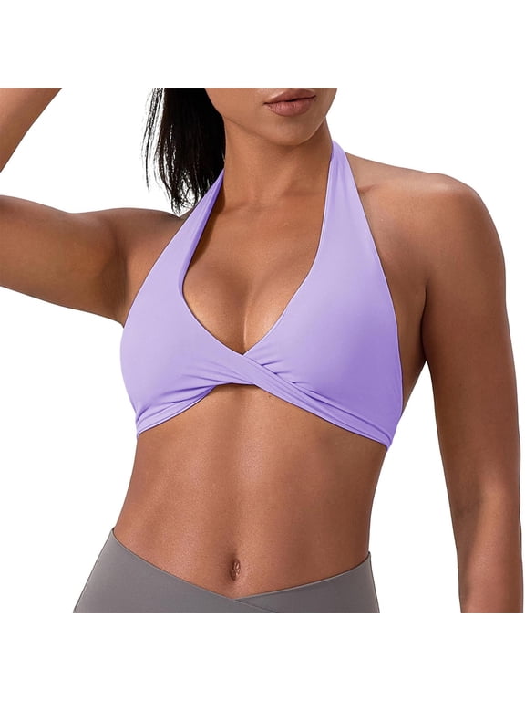Women Sports Bra Seamless Halter Padded Yoga Bras Open Back Gym Low Impact Workout Crop Tank Top